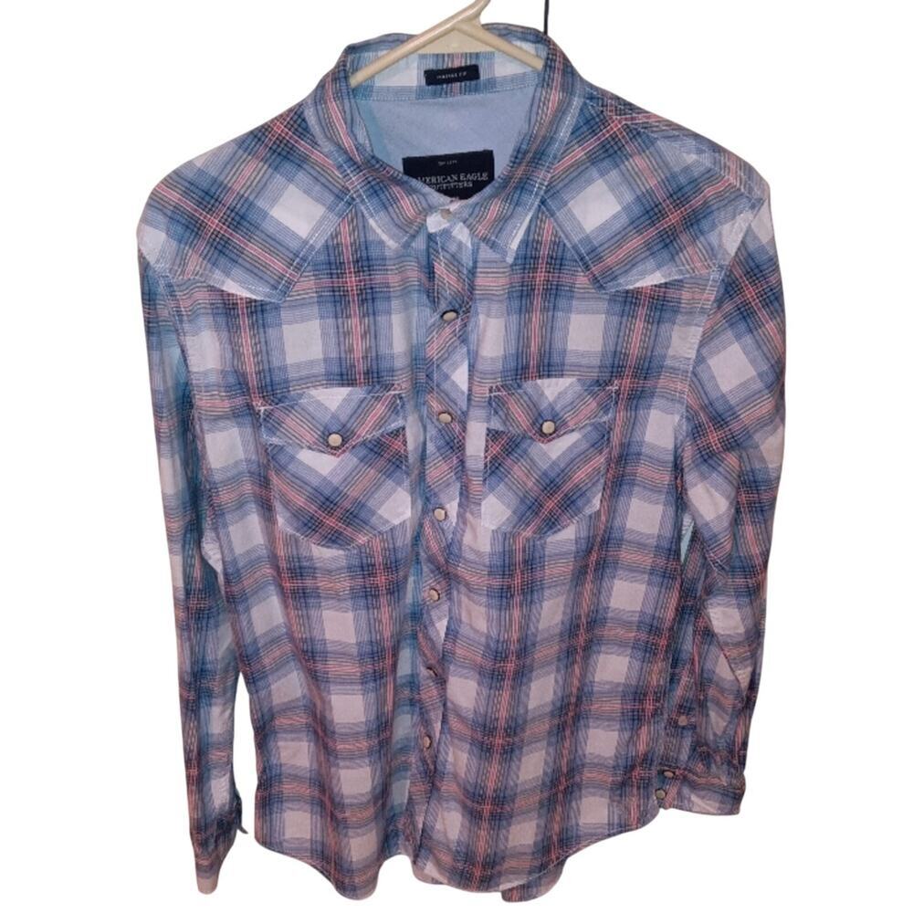 American Eagle Vintage Fit Blue and Red Plaid Pearl Snap Up Shirt Size Medium